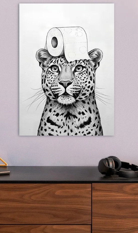 Leopard with Toilet Paper Hat — metal poster wall art by Lineer